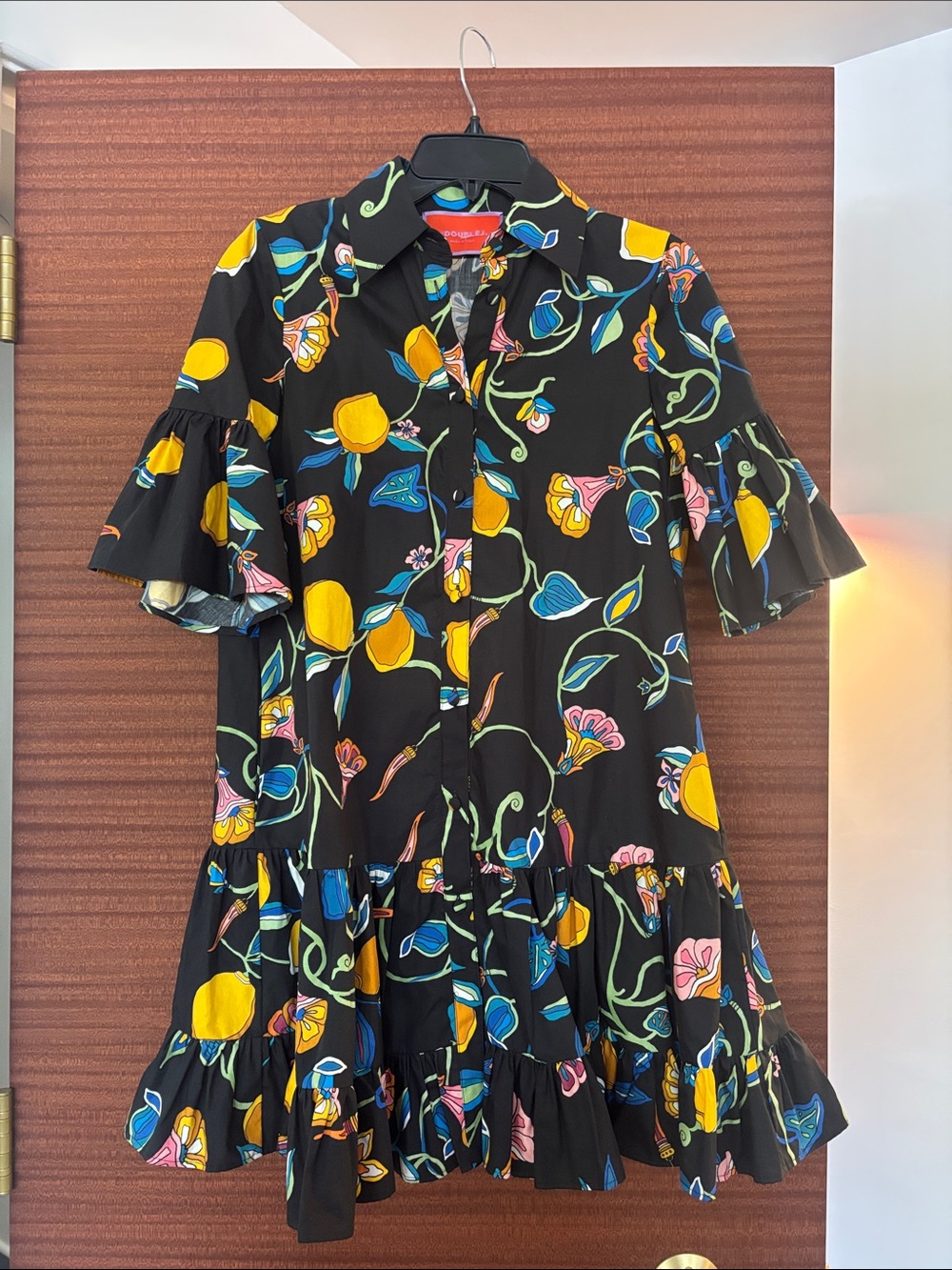 LA DoubleJ Black Floral Tiered Shirt Dress with Yellow and Blue Accents